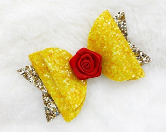 Princess Inspired Hair Bow | Beauty and The Beast Princess Belle Bow for Girls | Glitter Sparkly Hair Bow | Princess Belle Rose Flower Bow