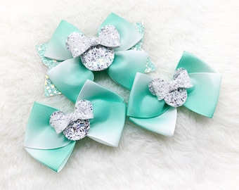 Mint Minnie Mouse Ears Hair Bow: Glitter Ribbon, Baby Headband