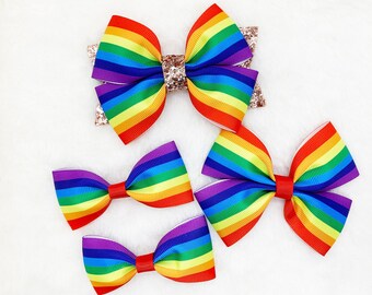 Rainbow Rose Gold Glitter Hair Bow: Grosgrain Ribbon Pigtail Bows