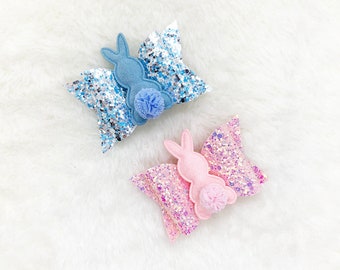 Easter Bunny Hair Bow | Easter Glitter Bunny Bow for Baby Girl | Pink Easter Bunny Sparkly Bow Headband | Easter Pom Pom Bunny Bow