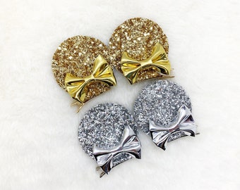 Gold and Silver Sparkly Minnie Mickey Ears | Disney Ears Bows | Patent Faux Leather Silver Gold Ears | Large and Small Disney Ears Clips