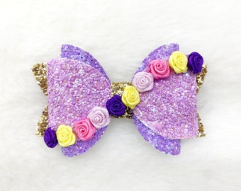 Princess Inspired Hair Bow | Rapunzel Inspired Hair Bow | Princess Bow | Glitter Sparkly Hair Bow | Princess Rapunzel Flower Bow