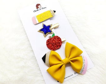 Back to School Hair Clips: Pencil, Apple & Star - Handmade Bows