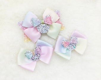 Rainbow Minnie Mouse Ears Hair Bow: Glitter Ribbon Clip or Headband