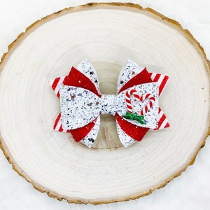 Lazo de pelo con purpurina de bastón de caramelo navideño navideño / Lazo de Navidad con corazón de caramelo de menta / Diadema para bebés pequeños / Regalos de Navidad para niños pequeños imagen 3