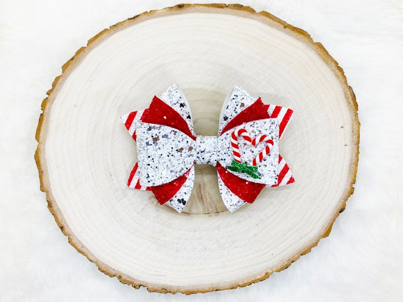 Lazo de pelo con purpurina de bastón de caramelo navideño navideño / Lazo de Navidad con corazón de caramelo de menta / Diadema para bebés pequeños / Regalos de Navidad para niños pequeños imagen 3