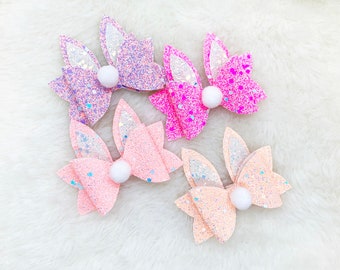 Easter Bunny Hair Bow | Easter Glitter Bunny Bow for Baby Girl | Pink Easter Bunny Sparkly Bow Headband | Easter Pom Pom Bunny Bow