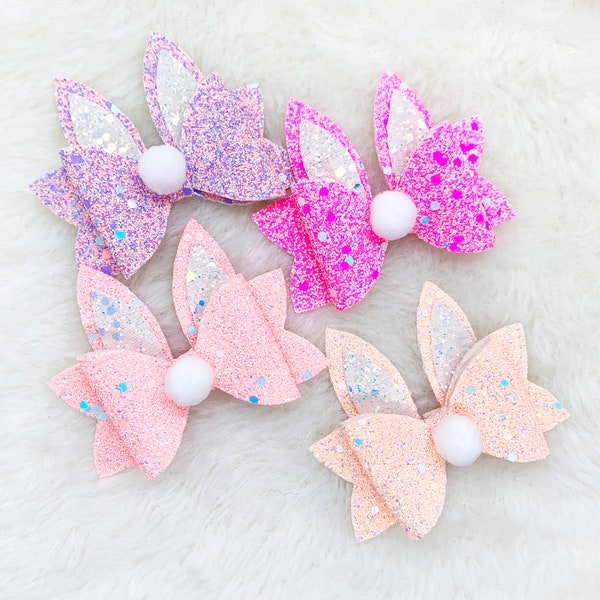 Easter Bunny Hair Bow | Easter Glitter Bunny Bow for Baby Girl | Pink Easter Bunny Sparkly Bow Headband | Easter Pom Pom Bunny Bow