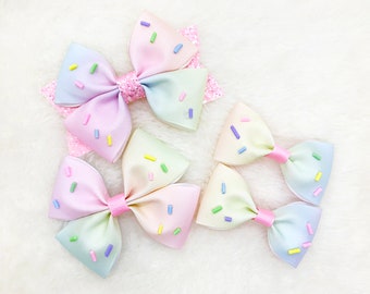 Ice Cream Sprinkles Ribbon Hair Bow | Ice Cream Pigtail Baby Bow | Summer Rainbow Sprinkles Glitter Bow | Sparkly Ice Cream Bow