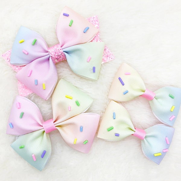 Ice Cream Sprinkles Ribbon Hair Bow | Ice Cream Pigtail Baby Bow | Summer Rainbow Sprinkles Glitter Bow | Sparkly Ice Cream Bow