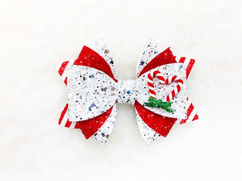 Holiday Christmas Candy Cane Glitter Hair Bow Peppermint Candy Heart Christmas Bow Baby Toddler Headband Christmas gifts for toddler image 1