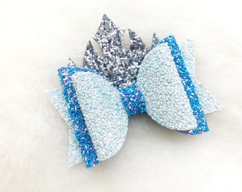 Frozen Queen Elsa Inspired Glitter Sparkly Hair Bow | Queen Elsa Sparkle Blue White Hair Bow | Baby Newborn Toddler Headband and Clip