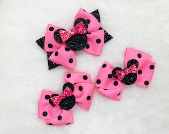 Pink Minnie Mouse Ears Hair Bow: Glitter Ribbon Headband