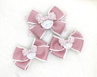 Pink Minnie Mouse Ears Hair Bow: Glitter Ribbon Clip or Headband