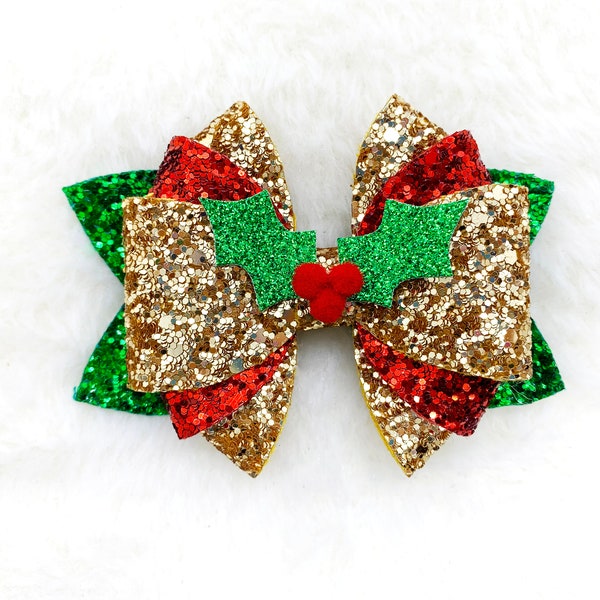 Holiday Christmas Holly Red Berry glitter hair bow | Mistletoe Gold Sparkly Christmas Bow | Baby Toddler Headband | Christmas Gifts Toddler