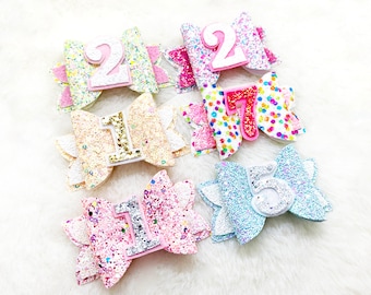 Sparkly Birthday Number Hair Bow: Glitter Pink & Peach Baby Headband