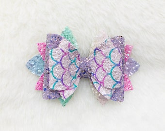 Mermaid Glitter Hair Bow | Fish Scale Mermaid Sparkly Rainbow Hair Bow | Mermaid Baby Bow Headband | Rainbow Mermaid Bow for Toddler Girls