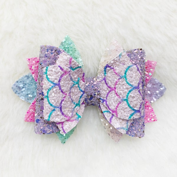 Mermaid Glitter Hair Bow | Fish Scale Mermaid Sparkly Rainbow Hair Bow | Mermaid Baby Bow Headband | Rainbow Mermaid Bow for Toddler Girls