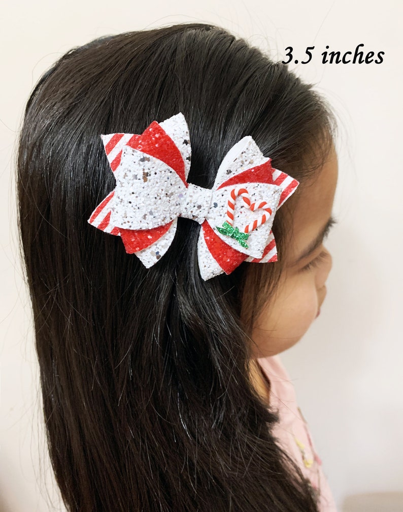 Lazo de pelo con purpurina de bastón de caramelo navideño navideño / Lazo de Navidad con corazón de caramelo de menta / Diadema para bebés pequeños / Regalos de Navidad para niños pequeños imagen 6