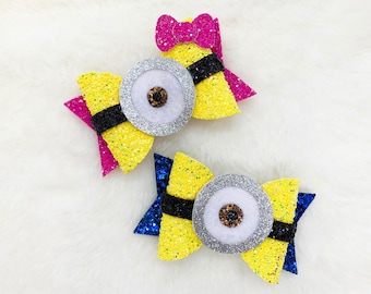 Minions Inspired Hair Bow | Despicable Me Minions Bow | Pink Minion Sparkly Glitter Bow for Baby Toddler Girls | Minions Bow Headband