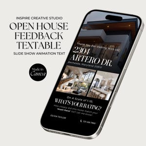 Puede incluir: Un teléfono inteligente muestra un formulario de comentarios de jornada de puertas abiertas de bienes raíces. La pantalla muestra una dirección, fotos de interiores y una escala de calificación. El texto incluye "Open House Feedback Textable" y "Made in Canva."
