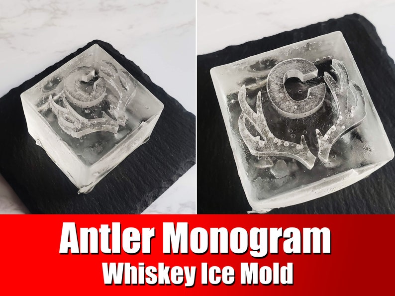 Personalized Antler Monogram Whiskey Ice Mold Customized whiskey ice cube maker, Gift for outdoorsman, hunter, fisher, Hunting theme gift image 1
