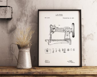 Singer - Brevet d’invention - Poster A4 - A3 - Machine à coudre - Couture - Brevet Original - Dessin technique - Illustration vintage