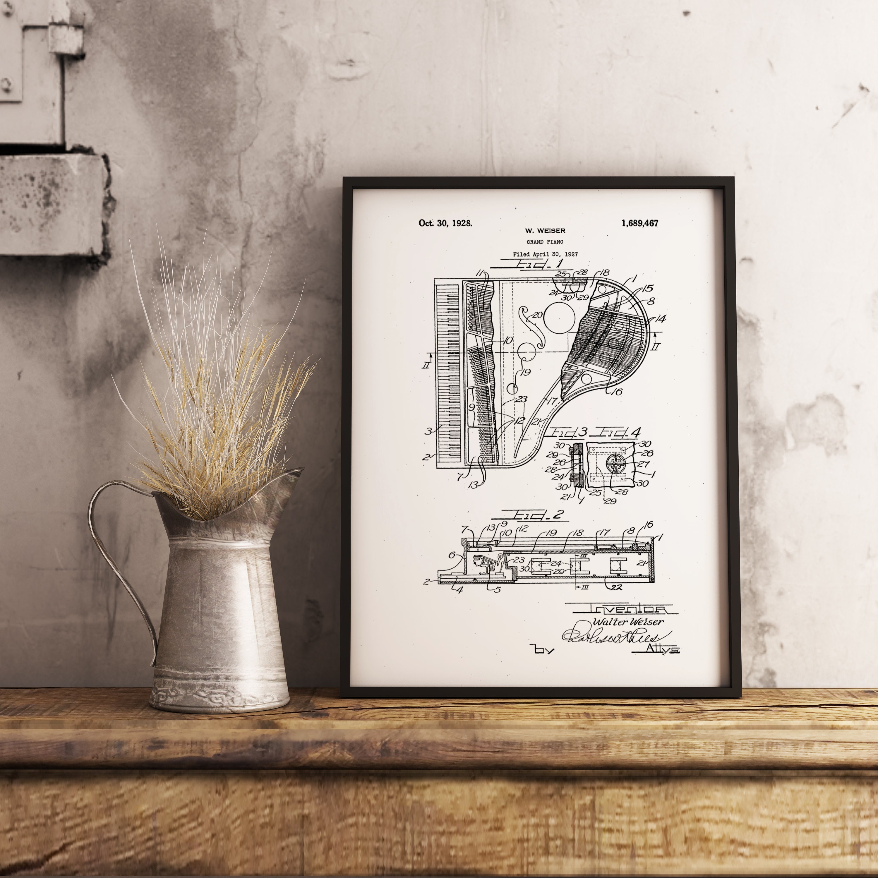 Piano - Brevet d'invention Poster A4 A3 Musique Jazz Blues Original 1928 Dessin Technique Illustrati