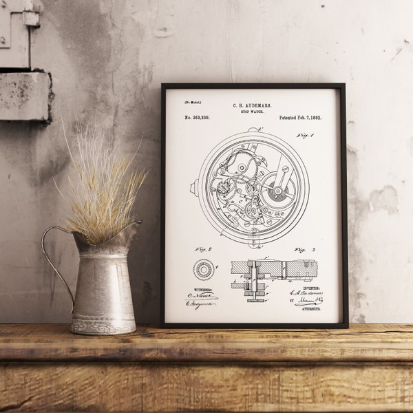 Montre - Brevet d’invention - Poster - A4 - A3 - mécanique - automatique - mouvement - Brevet original - 1882 - Dessin technique - rétro