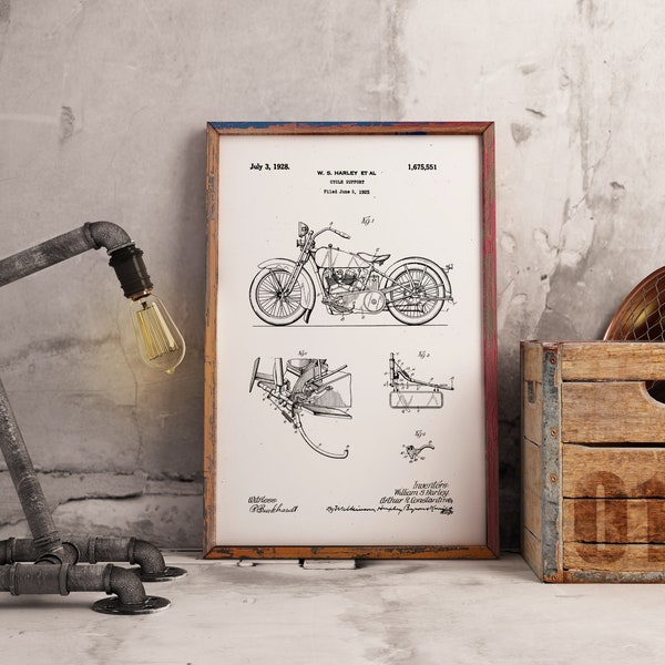 Harley Davidson - Uitvindingsoctrooi - Poster - A4 - A3 - Motor - Auto - Auto - Motorrijder - Origineel patent - 1928 - Technische tekening - retro