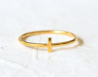 14k Gold Filled Band, Tiny Cross Ring, Boho Style Golden Ring, Sideway Tilted Cross Ring, Minimalist Stacking Ring, Simple Stylish Ring