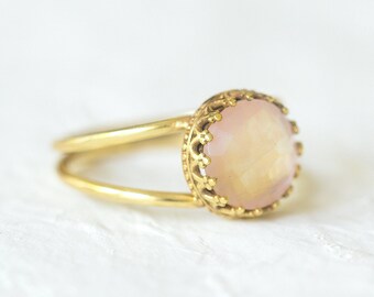 Women's 14k Gold Filled Ring, Rose Quartz Double Band Ring, Boho Statement Ring, Love Gift Ring, January Birthstone Ring, Pink Gemstone Ring