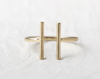 Minimalist Open Two Bar Ring, Modern Trendy Ring, Geometric Ring, 14k Gold Bar Ring, Adjustable Ring, Stackable Bar Ring, Cuff Ring
