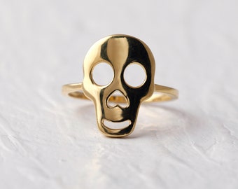 Schädel 14 k Solid Gold Ring, Biker Ring, Memento Mori Schmuck, Boho Gold gefüllt Ring zierliche Schädel Ring, Wicca Geschenk, Statement Ring