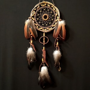 Dreamcatcher with many beads, unusual web weaving, Leather Decore, Natural feathers, Brown wall hanging image 1