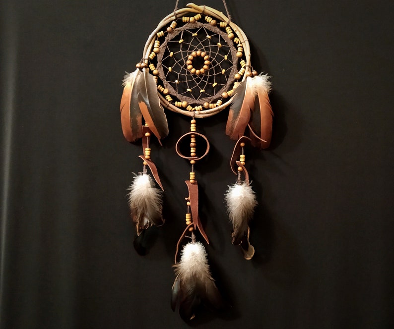 Dreamcatcher with many beads, unusual web weaving, Leather Decore, Natural feathers, Brown wall hanging image 1