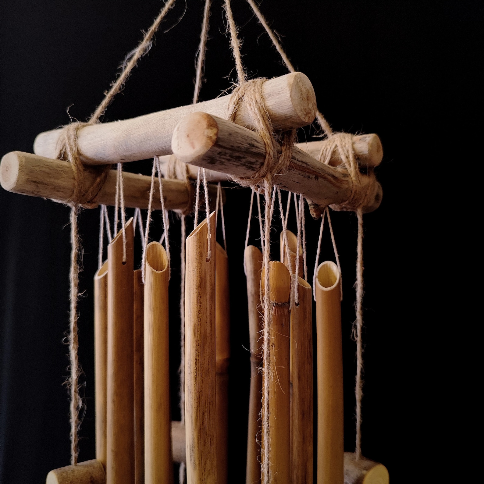 View of Wind Chimes With Reed Stalks and Maple Slices, Garden Hanging Made of Natural Materials, Outdoor ...