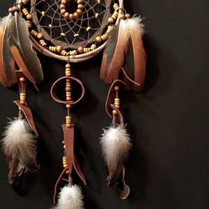 Dreamcatcher with many beads, unusual web weaving, Leather Decore, Natural feathers, Brown wall hanging image 4