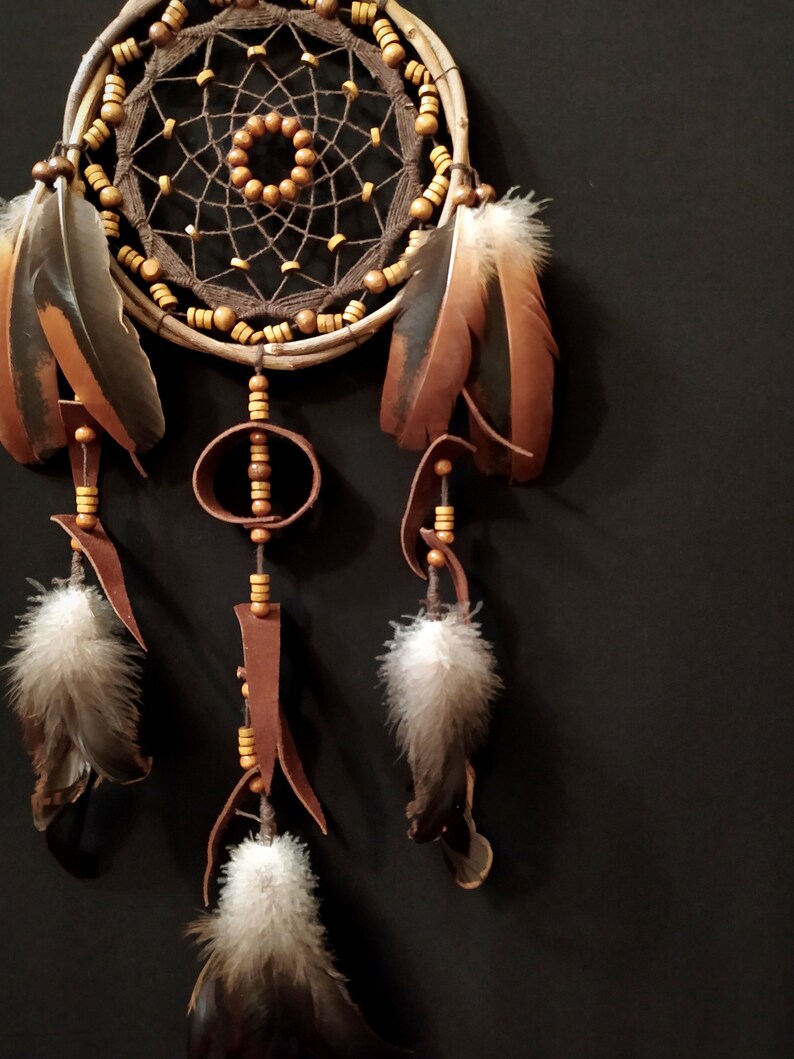 Dreamcatcher with many beads, unusual web weaving, Leather Decore, Natural feathers, Brown wall hanging image 4