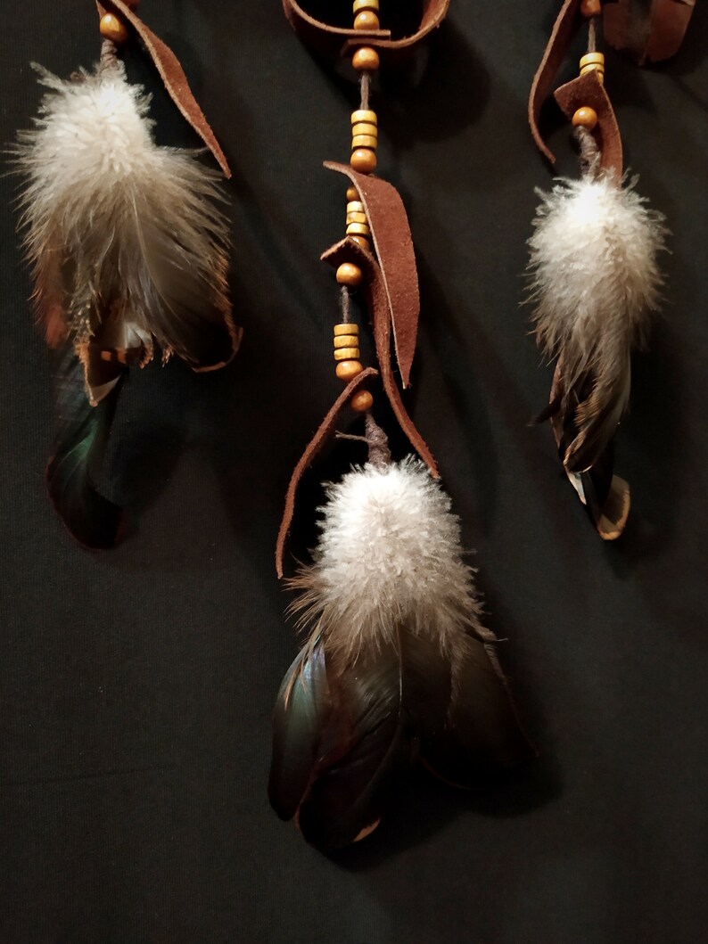 Dreamcatcher with many beads, unusual web weaving, Leather Decore, Natural feathers, Brown wall hanging image 5