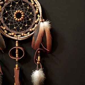 Dreamcatcher with many beads, unusual web weaving, Leather Decore, Natural feathers, Brown wall hanging image 3