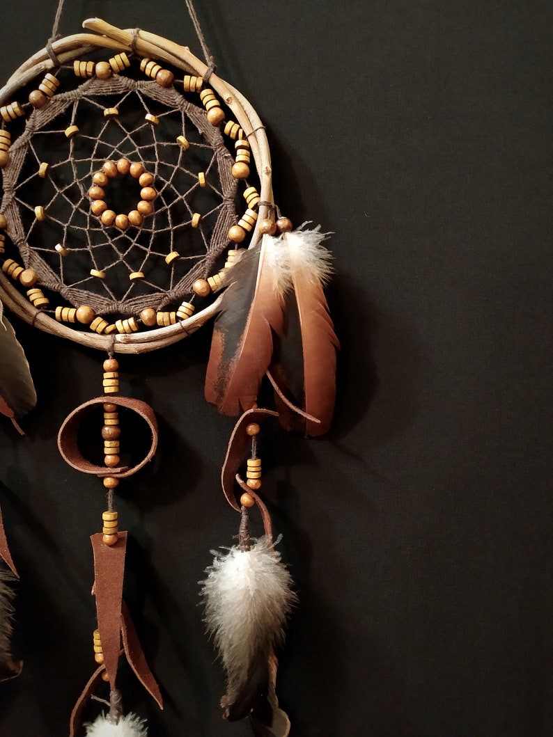 Dreamcatcher with many beads, unusual web weaving, Leather Decore, Natural feathers, Brown wall hanging image 3