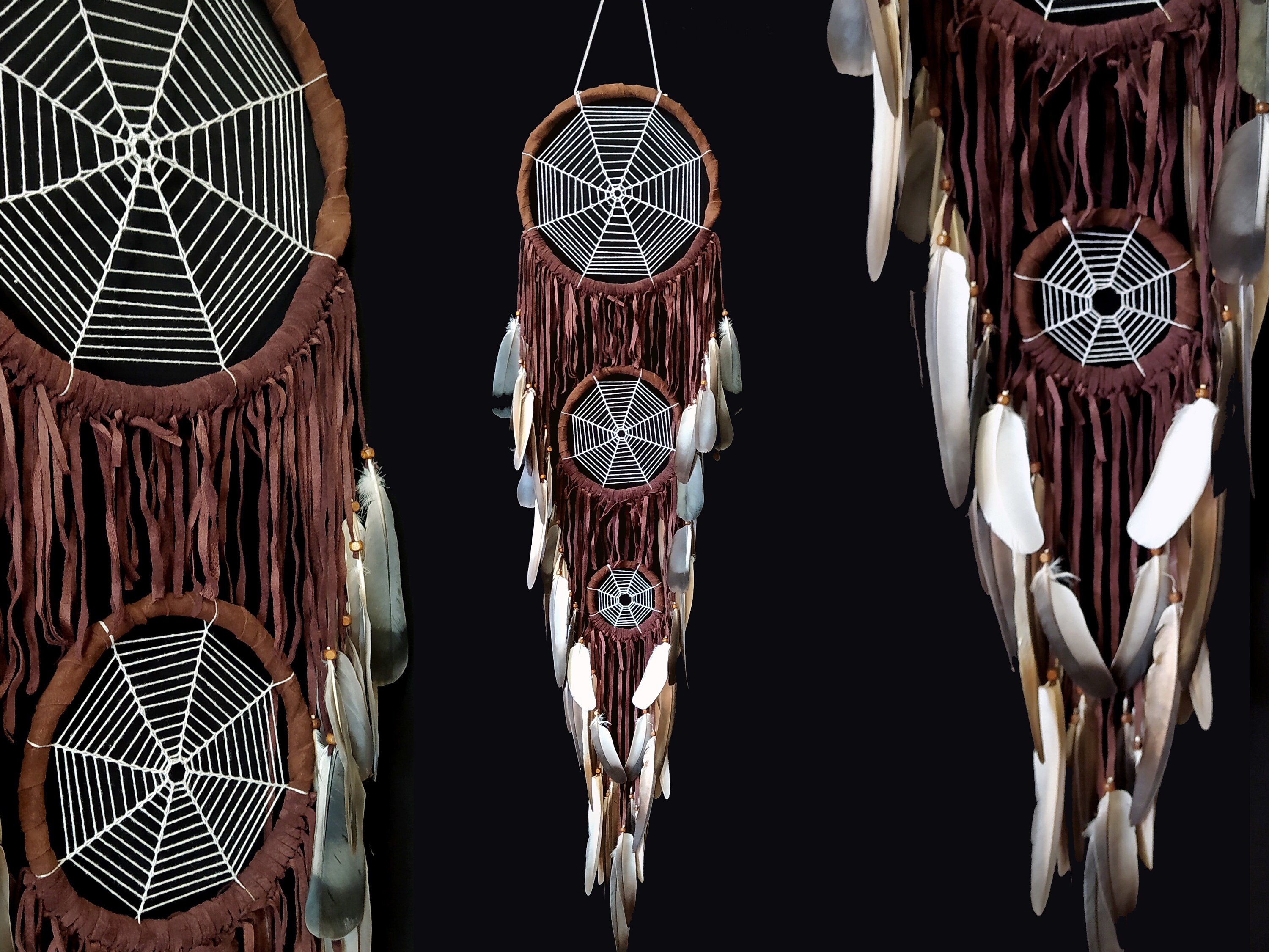 Large Leather Dreamcatcher with Pigeon Feathers, Brown Boho Dream Catcher, Triple dream catcher,