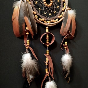 Dreamcatcher with many beads, unusual web weaving, Leather Decore, Natural feathers, Brown wall hanging image 6