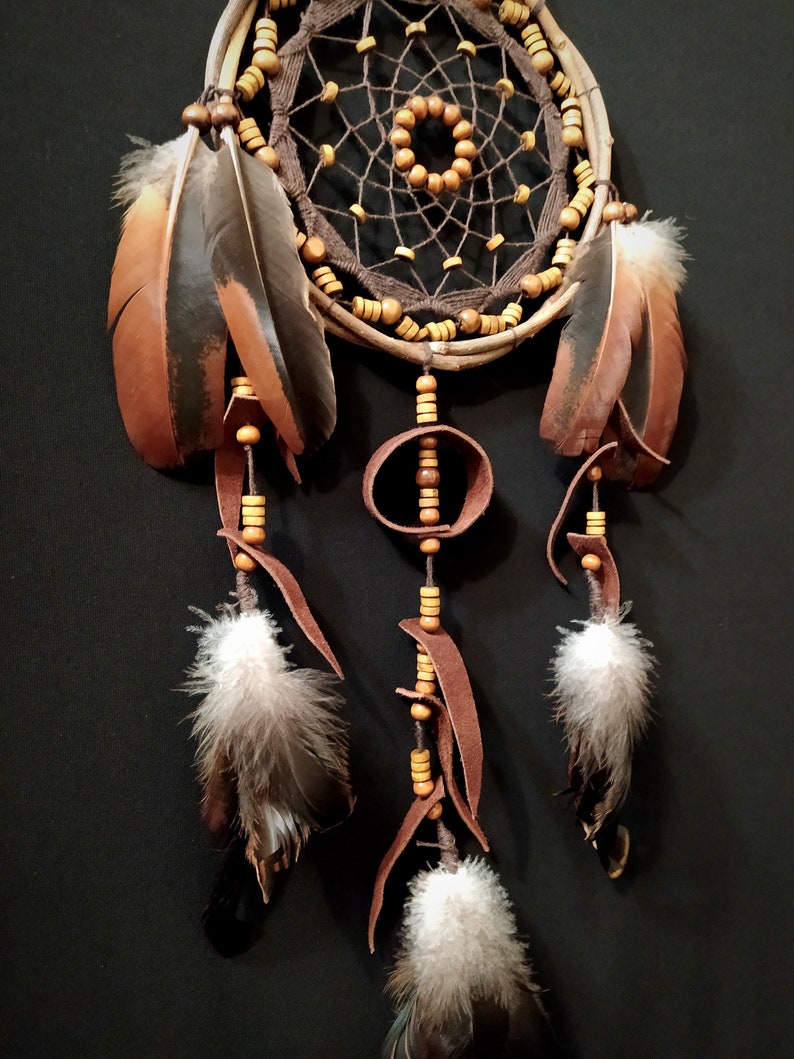 Dreamcatcher with many beads, unusual web weaving, Leather Decore, Natural feathers, Brown wall hanging image 6