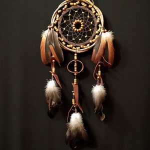 Dreamcatcher with many beads, unusual web weaving, Leather Decore, Natural feathers, Brown wall hanging image 8