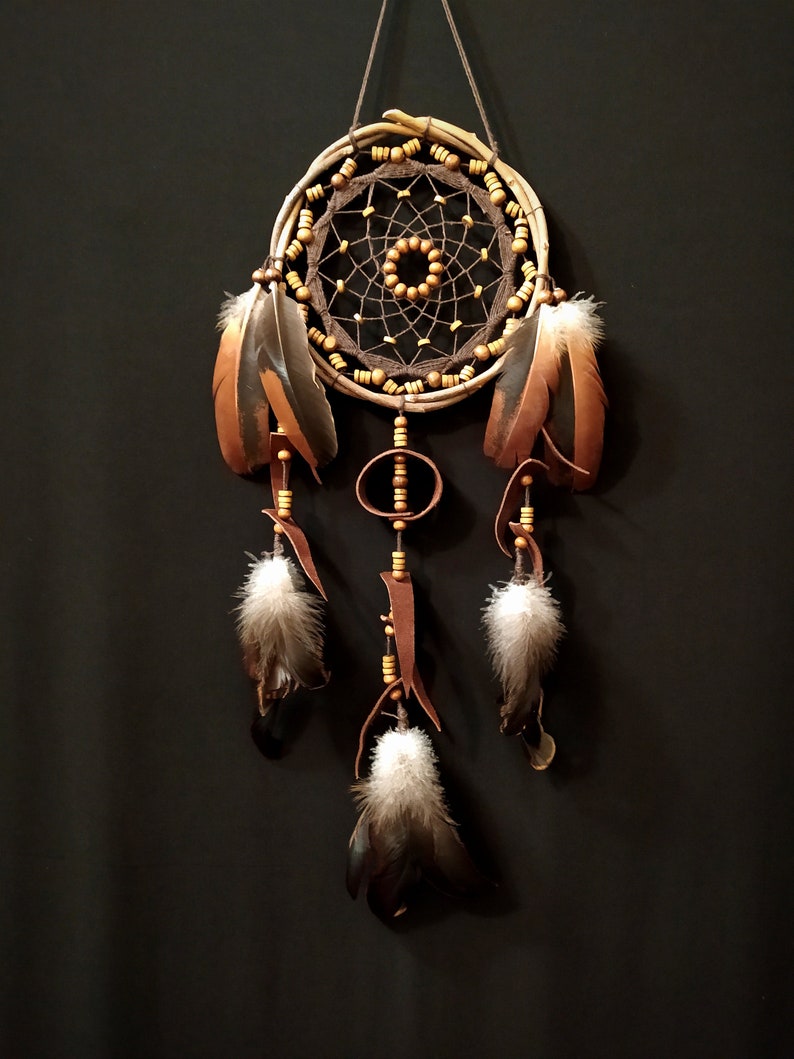 Dreamcatcher with many beads, unusual web weaving, Leather Decore, Natural feathers, Brown wall hanging image 8