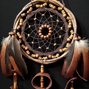 Dreamcatcher with many beads, unusual web weaving, Leather Decore, Natural feathers, Brown wall hanging image 7