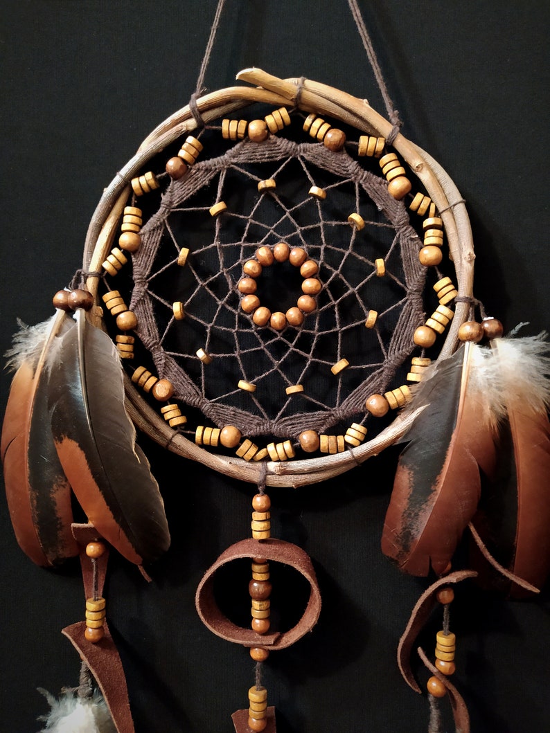 Dreamcatcher with many beads, unusual web weaving, Leather Decore, Natural feathers, Brown wall hanging image 7