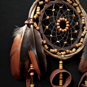 Dreamcatcher with many beads, unusual web weaving, Leather Decore, Natural feathers, Brown wall hanging image 2